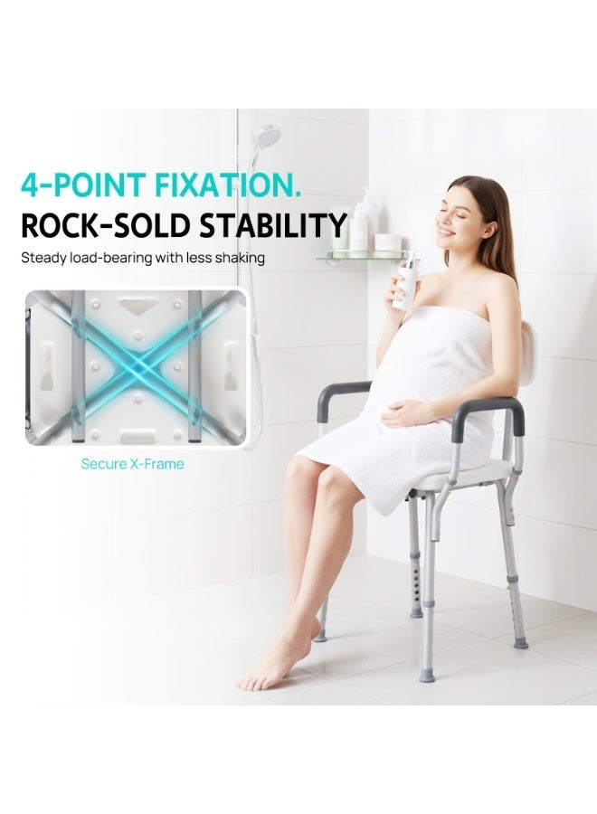 بازار بوريا كرسي استحمام PORIYA قابل للتعديل مع مقبض دعم، مقعد حمام مانع للانزلاق مع مسند ظهر وذراعين، إطار ألومنيوم خفيف الوزن، تركيب بدون أدوات، 6 مستويات ارتفاع، يتحمل حتى 136 كجم - Image 2